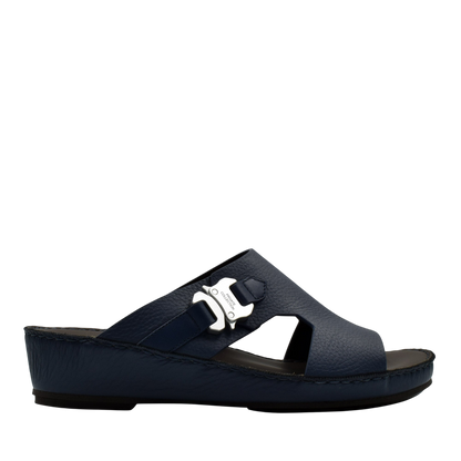 Private Collection navy blue luxury leather sandals with silver buckle and comfortable wedge sole