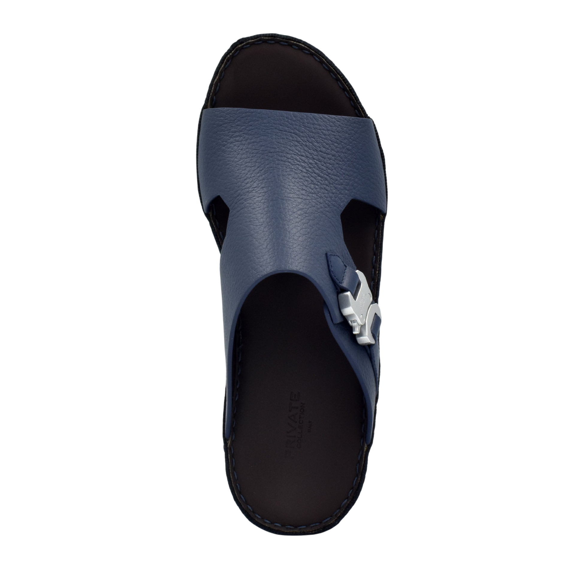 Private Collection navy blue luxury leather sandals with open toe and silver buckle detail