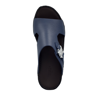 Private Collection navy blue luxury leather sandals with open toe and silver buckle detail