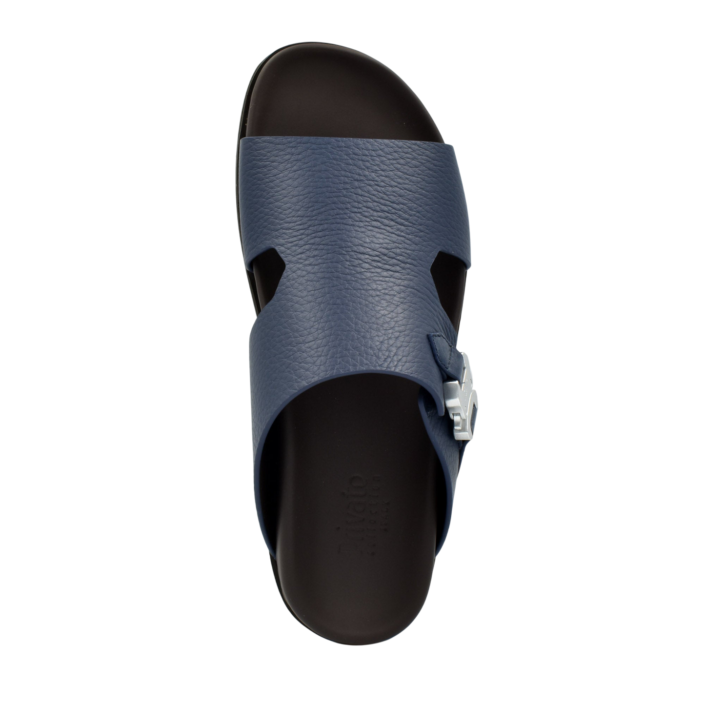 Private Collection luxury leather sandals in navy blue with adjustable buckle strap and black sole