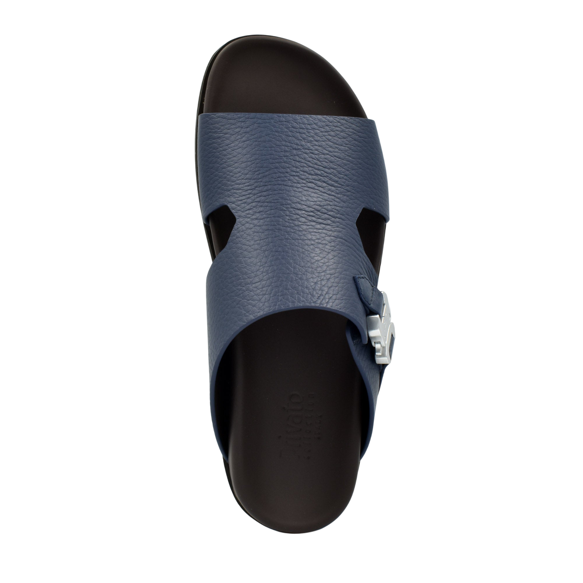 Private Collection luxury leather sandals in navy blue with adjustable buckle strap and black sole
