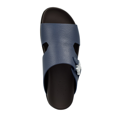 Private Collection luxury leather sandals in navy blue with adjustable buckle strap and black sole