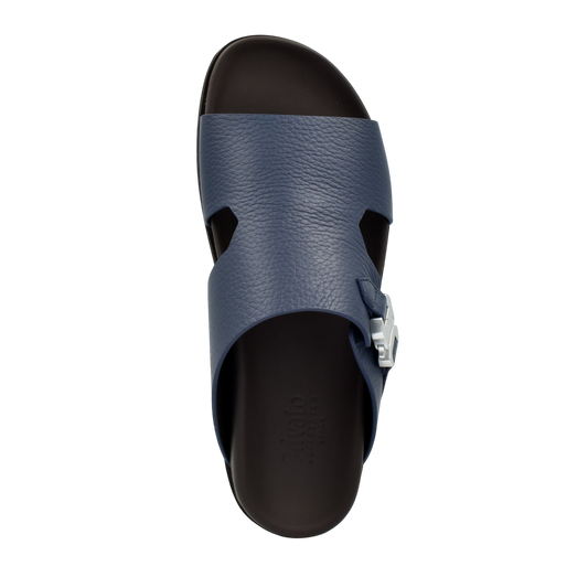 Private Collection luxury leather sandals in navy blue with adjustable buckle strap and black sole
