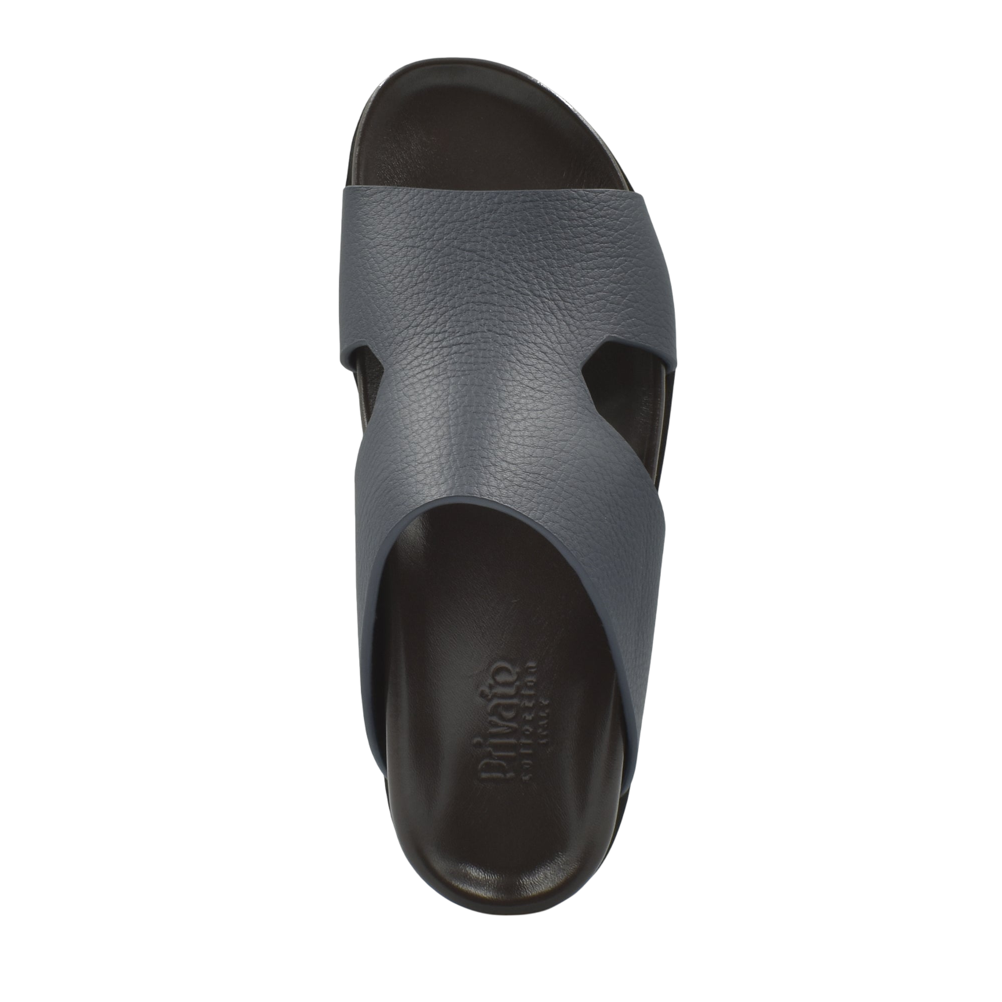 Black and gray luxury leather sandals with open toe and slip-on design from Private Collection