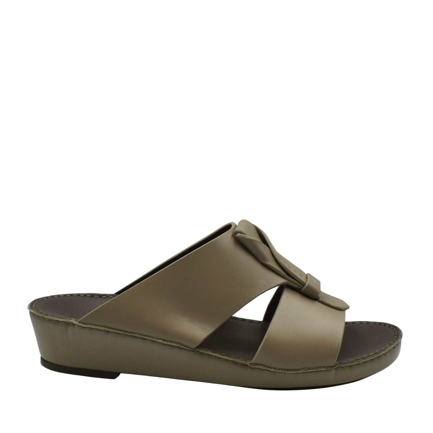 Taupe luxury leather sandals with a wide strap and decorative knot detail in slide design