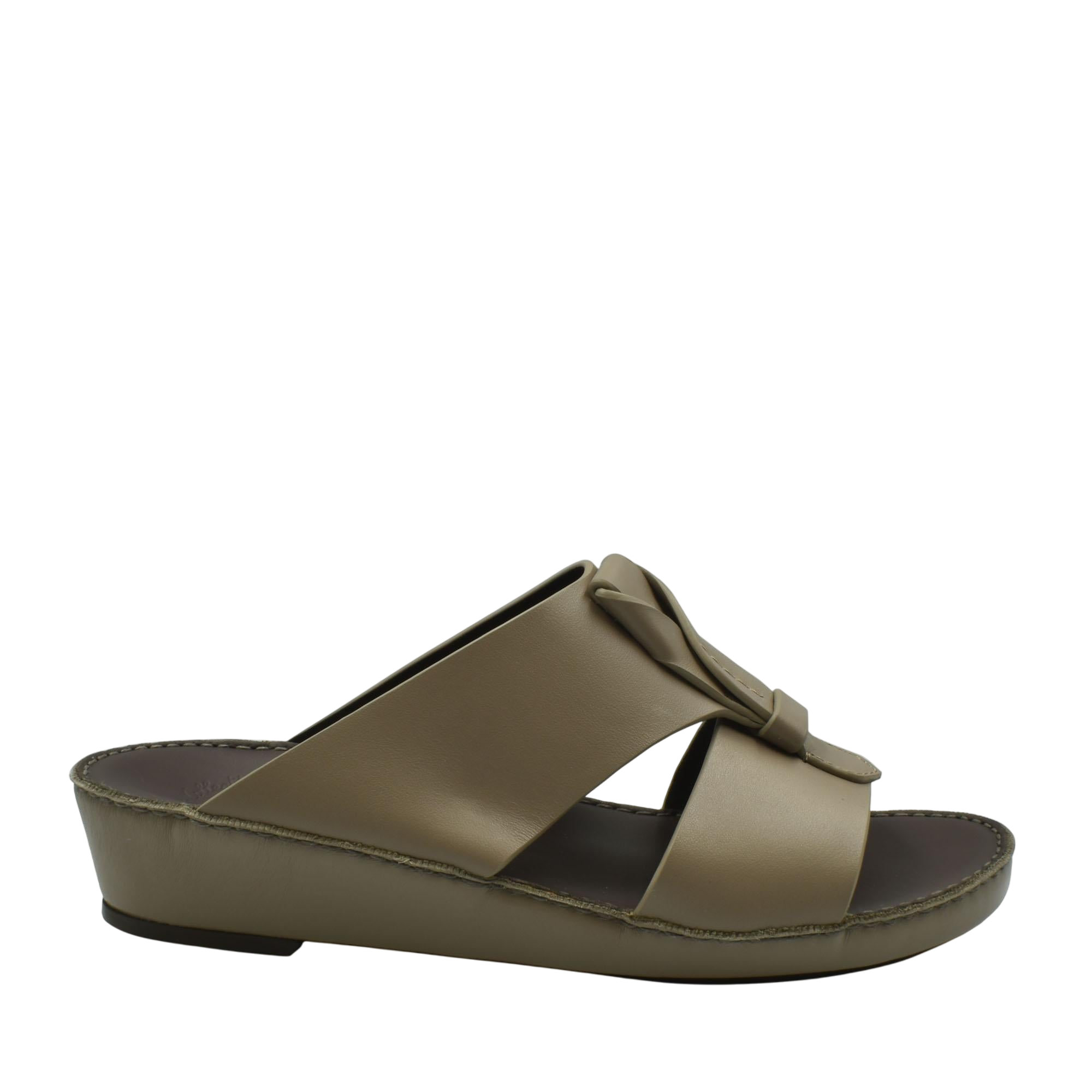 Taupe luxury leather sandals with a wide strap and decorative knot detail in slide design