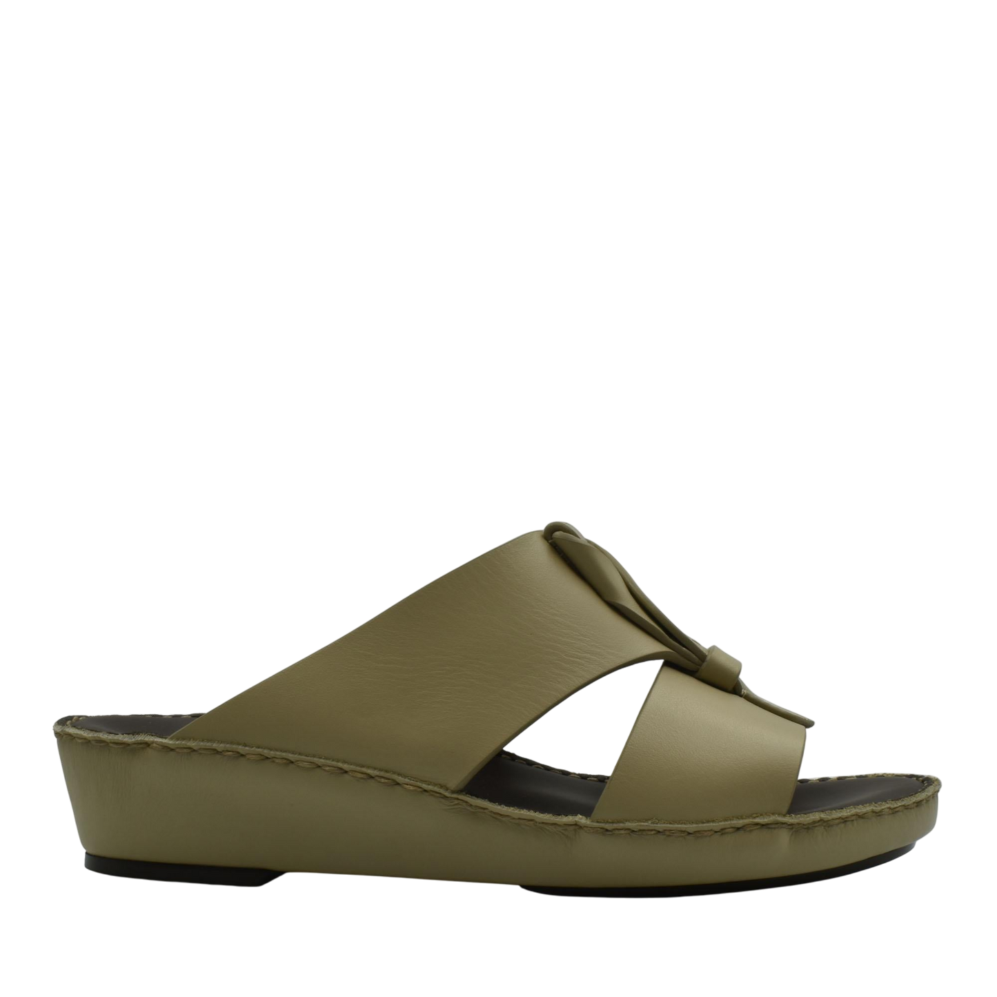 Olive green luxury leather sandals with wedge sole and slip-on design from Private Collection