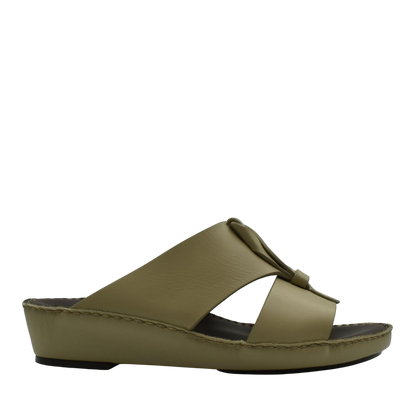 Olive green luxury leather sandals with wedge sole and slip-on design from Private Collection