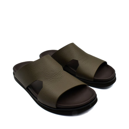 Private collection luxury leather sandals in olive green with open toe and cushioned sole
