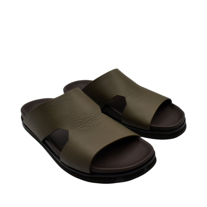 Private collection luxury leather sandals in olive green with open toe and cushioned sole