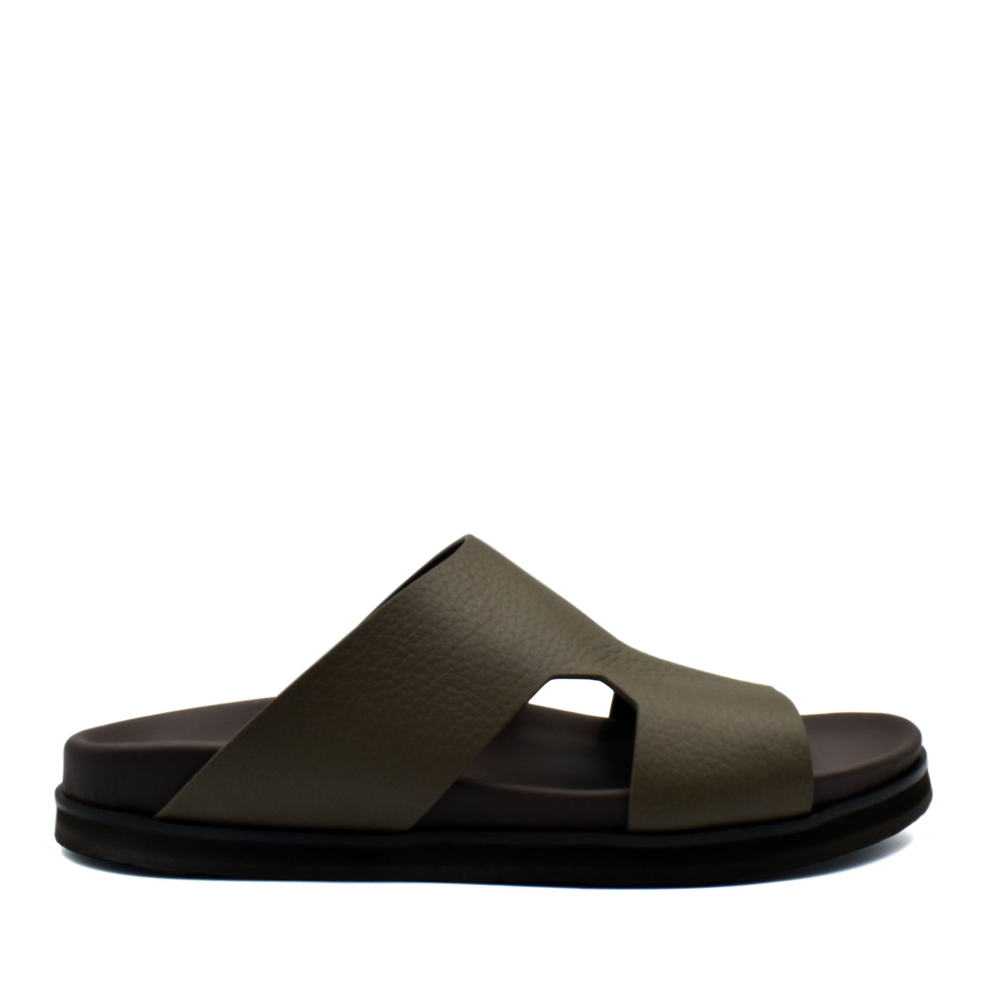 Luxury leather sandals in dark olive color with a thick sole and open toe design