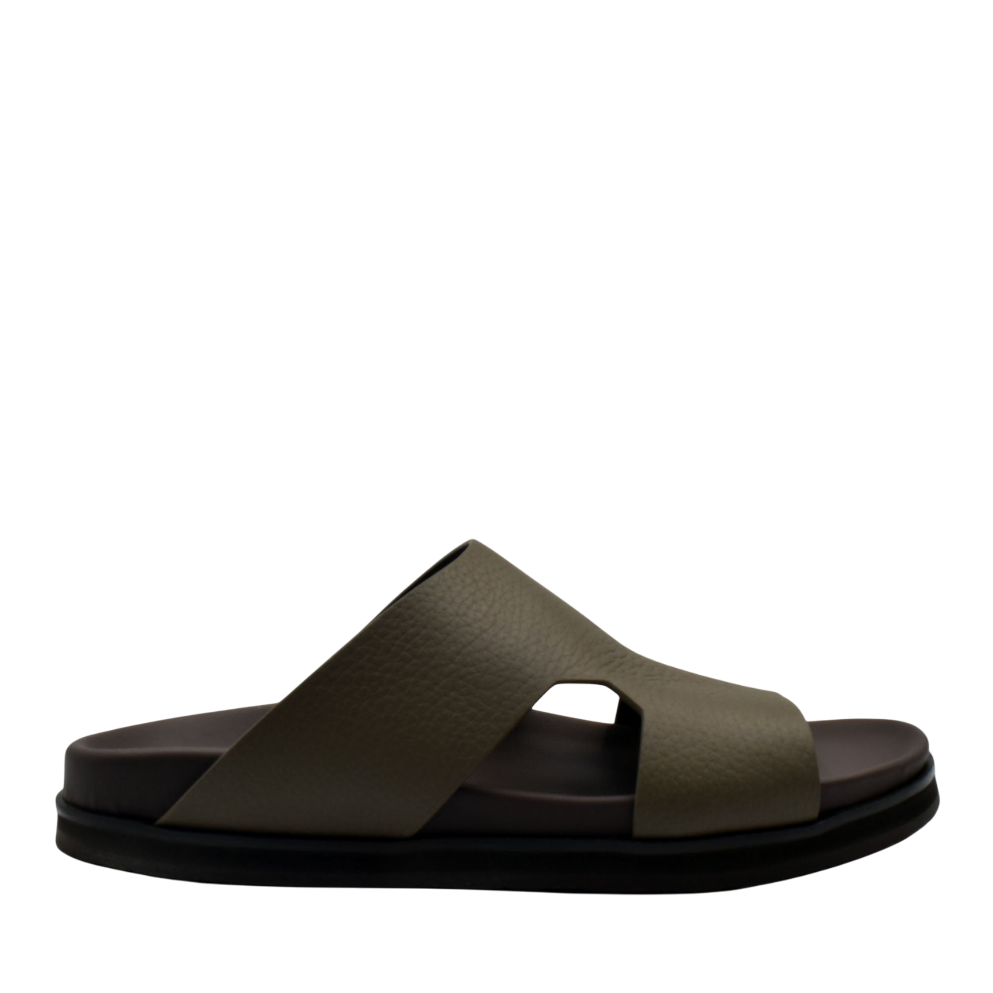 Luxury leather sandals in dark olive color with a thick sole and open toe design