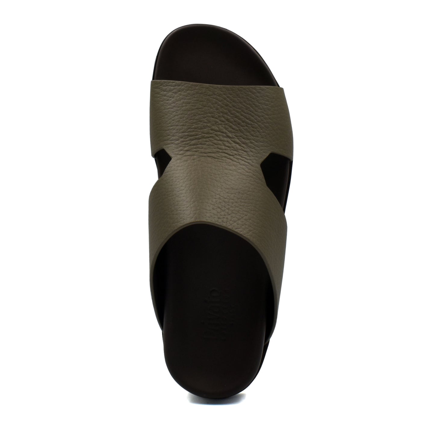 Top view of luxury leather sandals in olive green with black sole from private collection