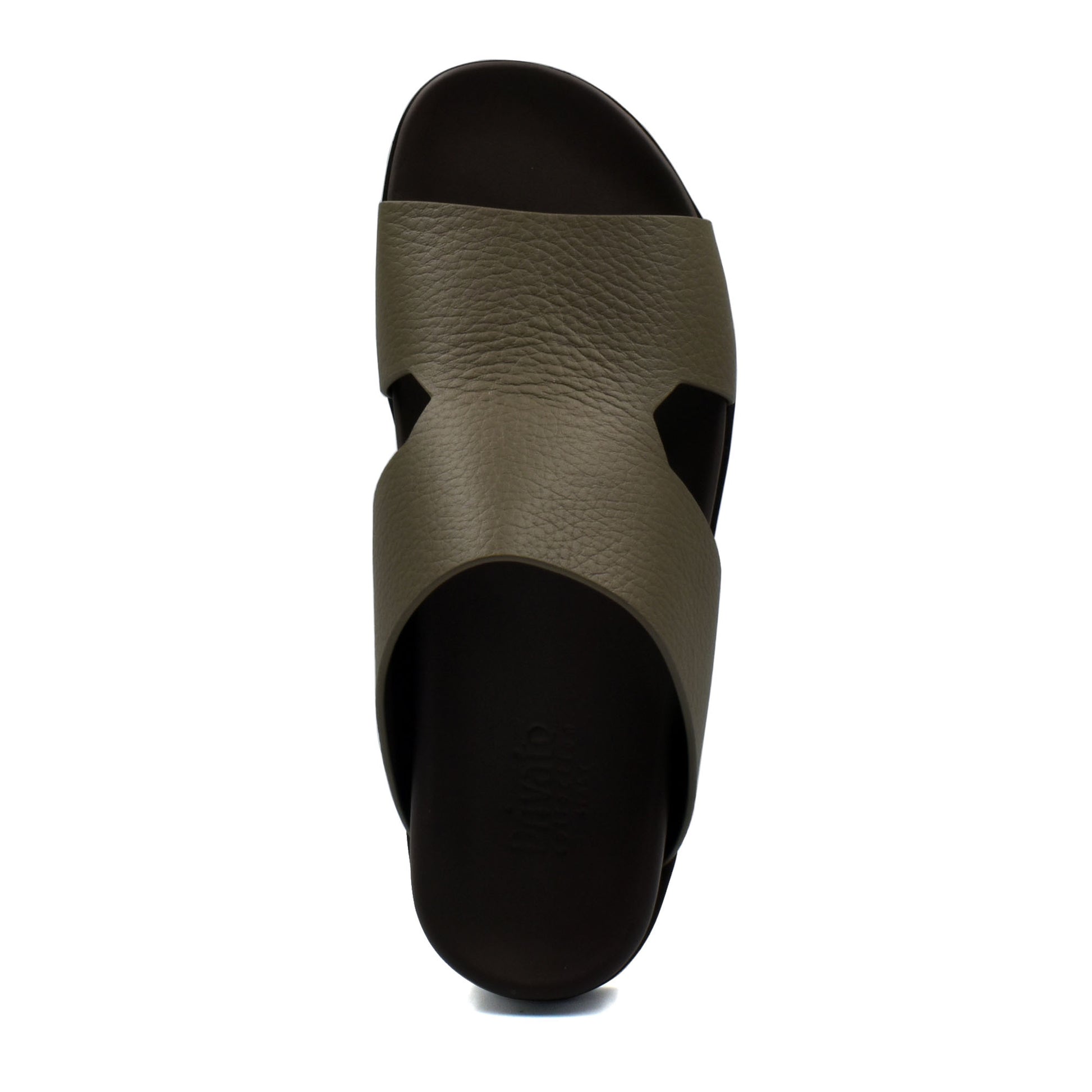 Top view of luxury leather sandals in olive green with black sole from private collection