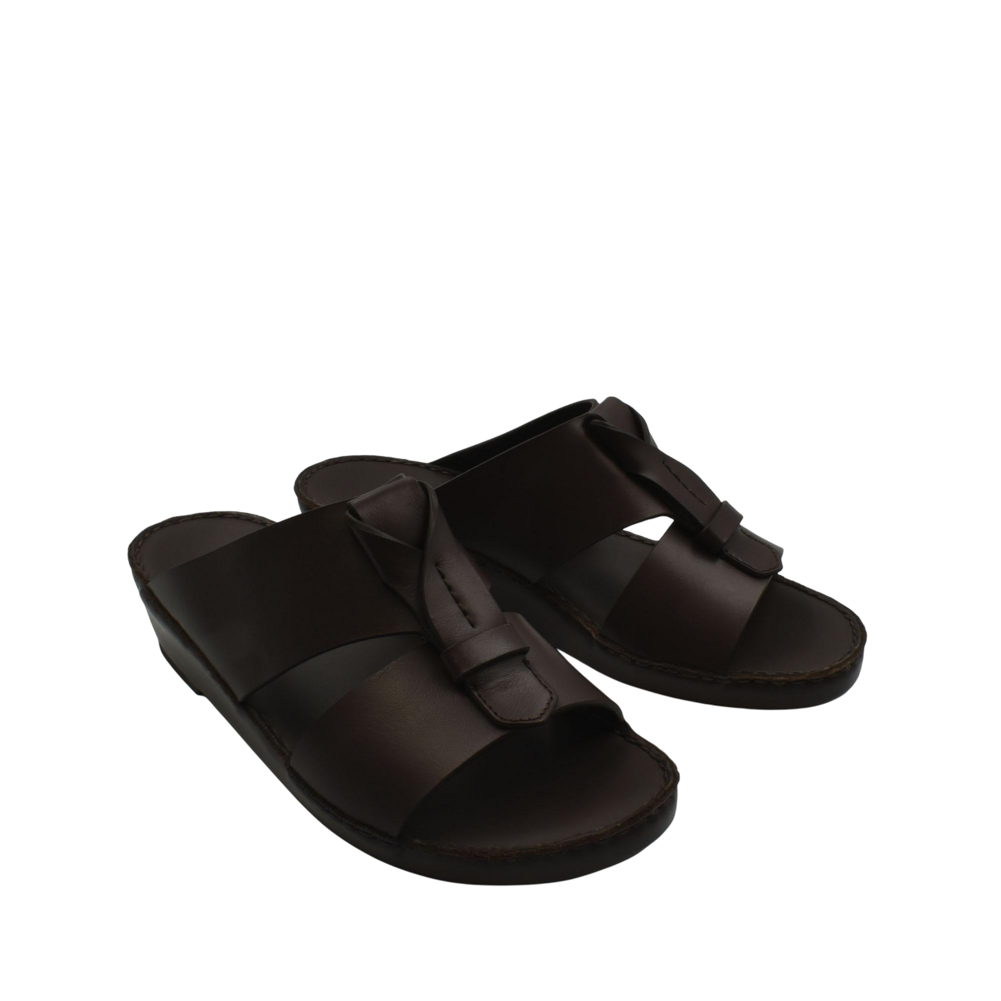 Pair of dark brown luxury leather sandals with wide straps and cushioned soles
