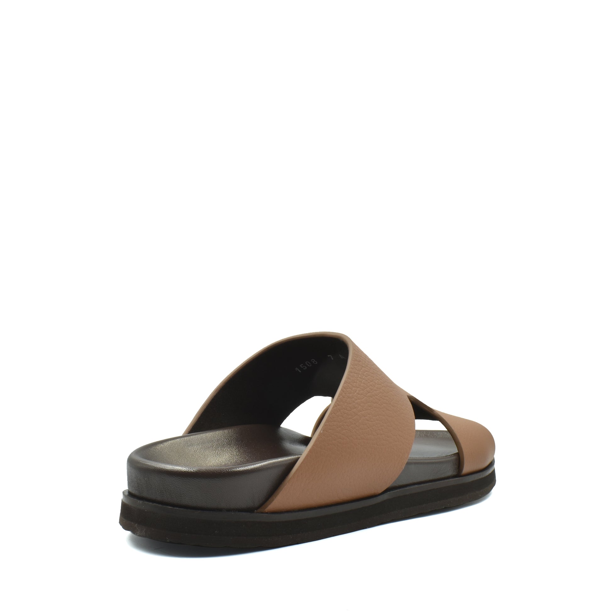 Brown luxury leather sandals with black sole from Private Collection shown from rear side angle
