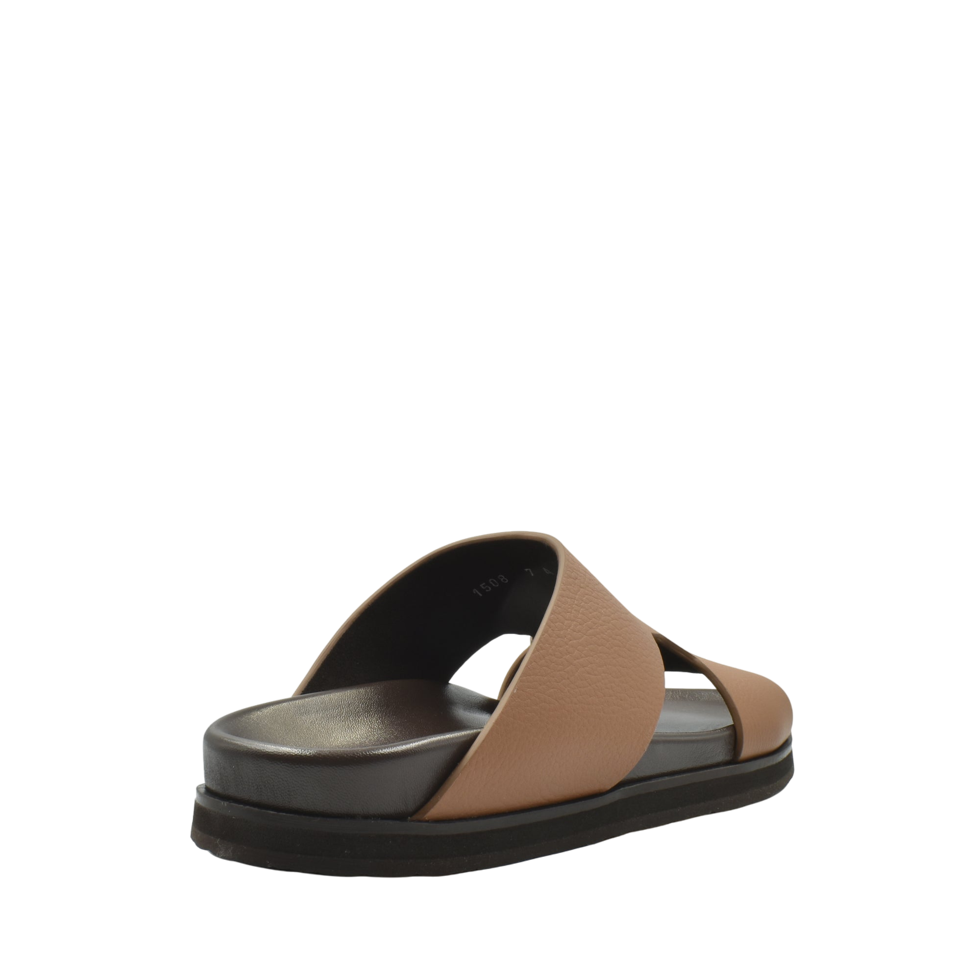 Brown luxury leather sandals with black sole from Private Collection shown from rear side angle