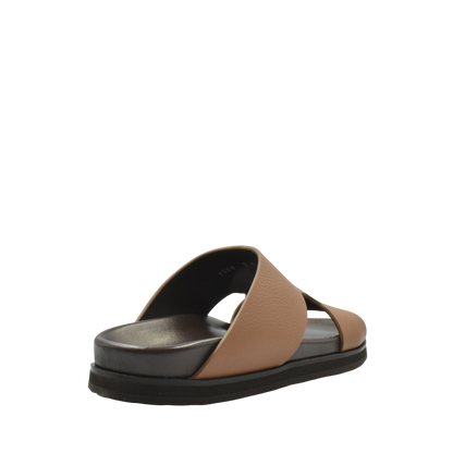 Brown luxury leather sandals with black sole from Private Collection shown from rear side angle