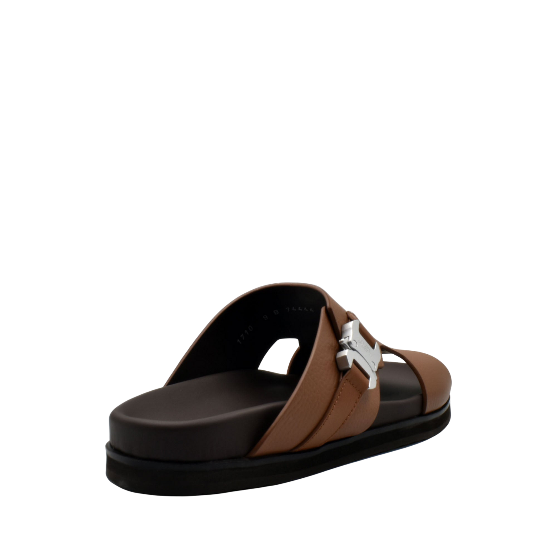Brown luxury leather sandals with black sole and silver buckle from Private Collection