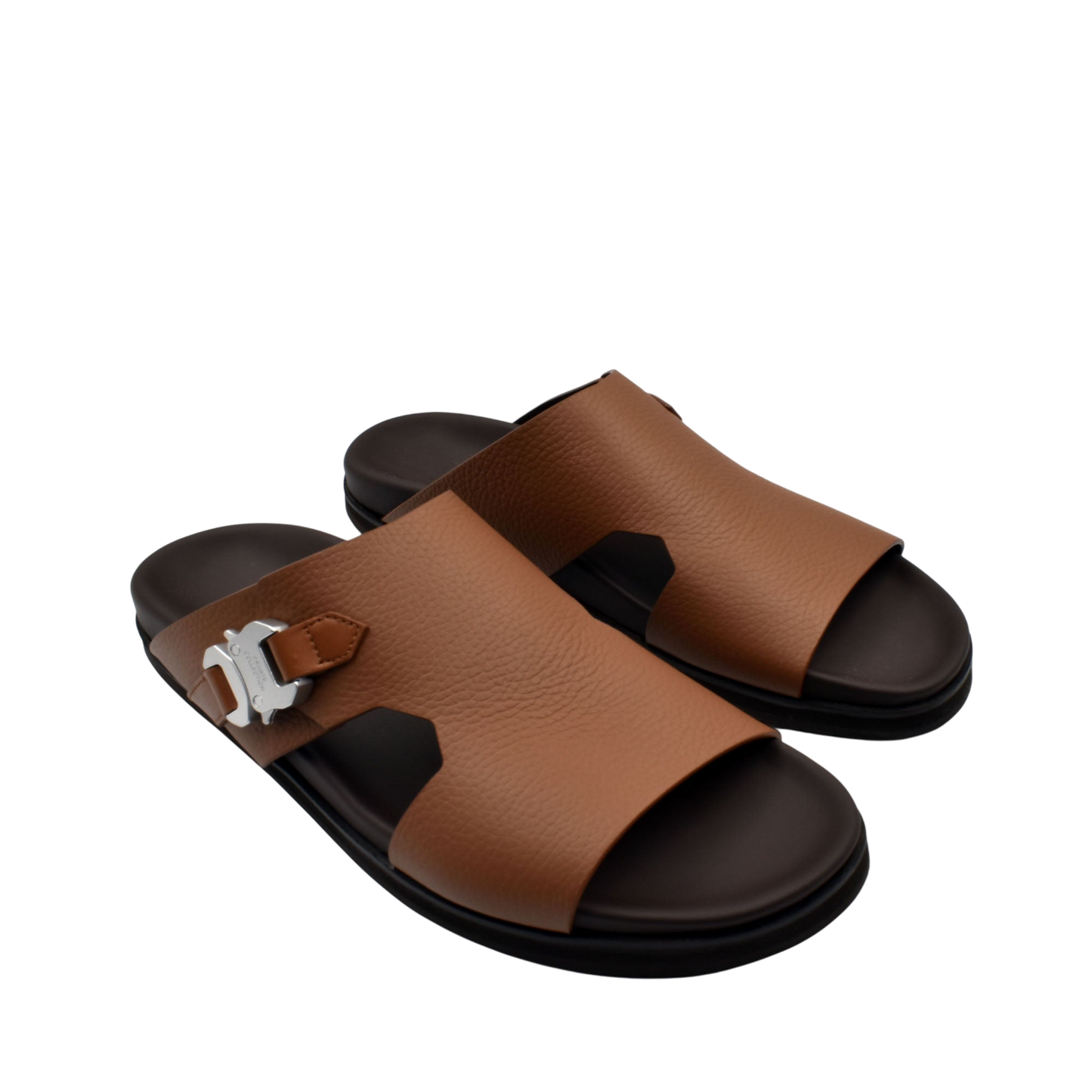 Private Collection brown luxury leather sandals with black sole and silver buckle detail
