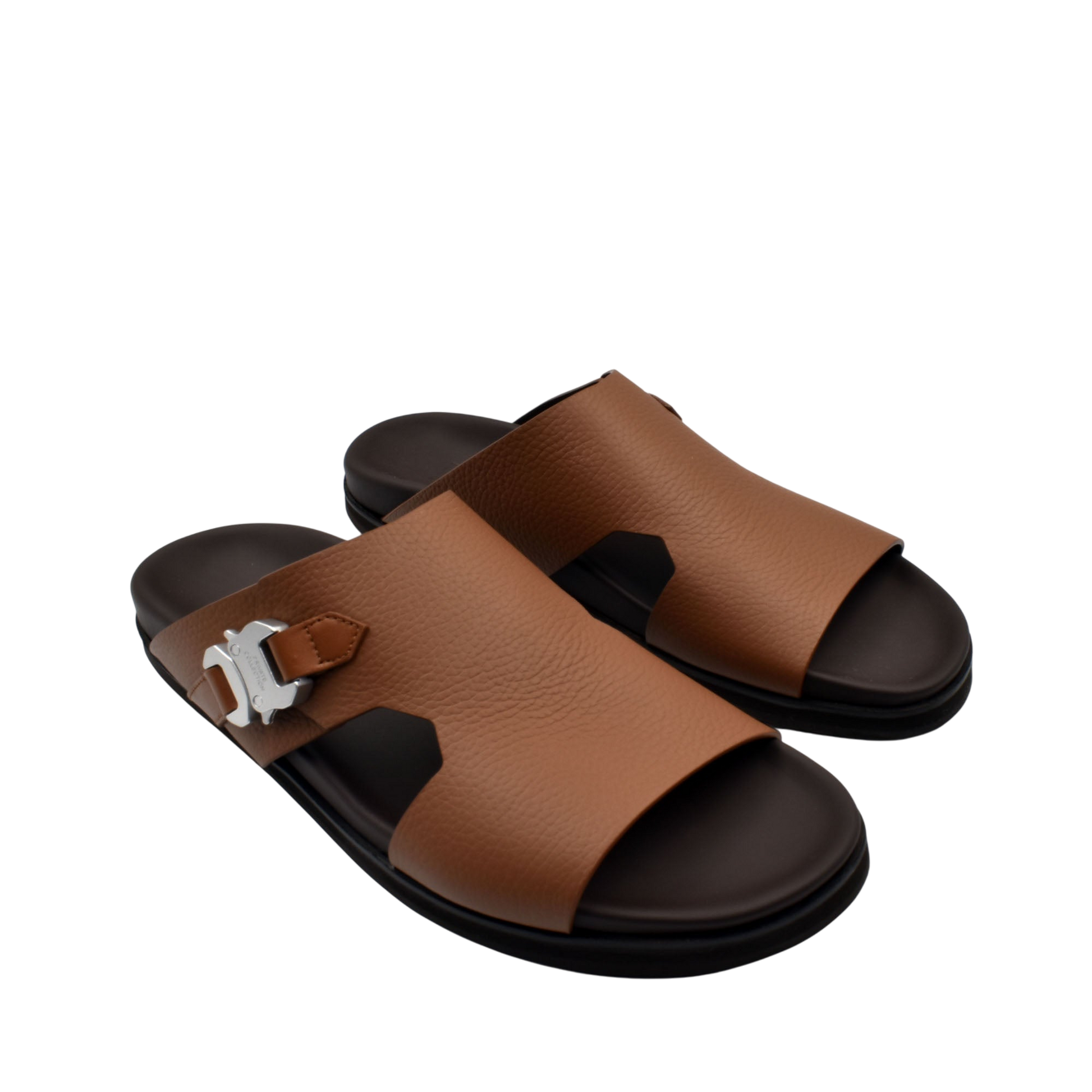 Private Collection brown luxury leather sandals with black sole and silver buckle detail