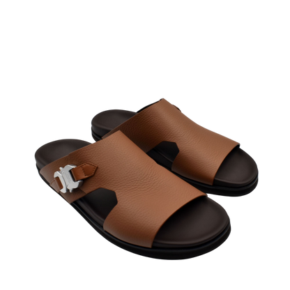 Private Collection brown luxury leather sandals with black sole and silver buckle detail