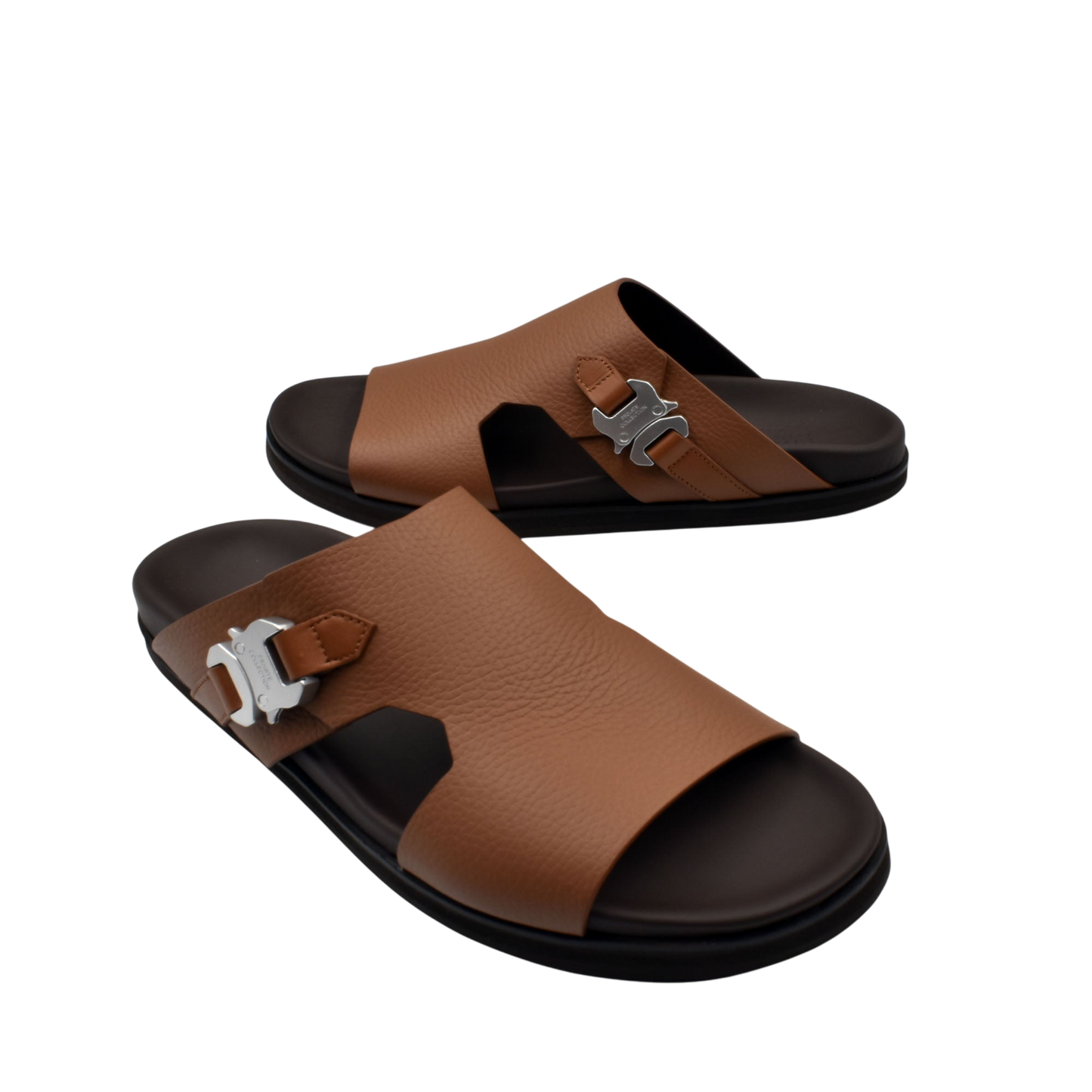 Private Collection luxury leather sandals in brown with black sole and silver buckle detail