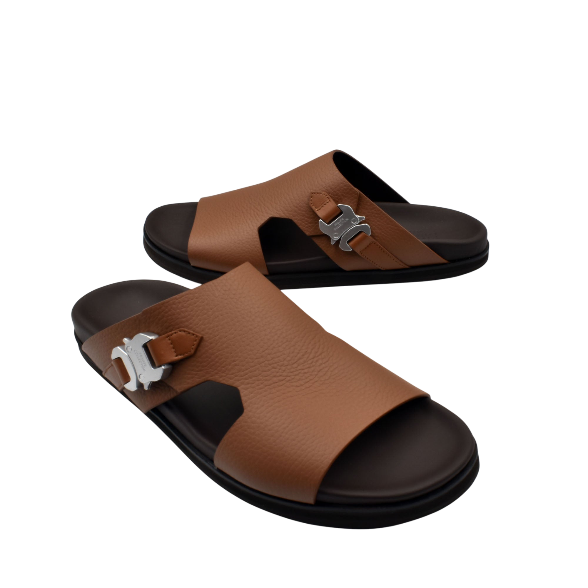 Private Collection luxury leather sandals in brown with black sole and silver buckle detail