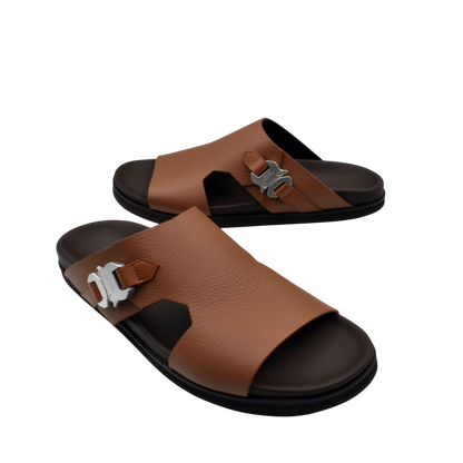 Private Collection luxury leather sandals in brown with black sole and silver buckle detail