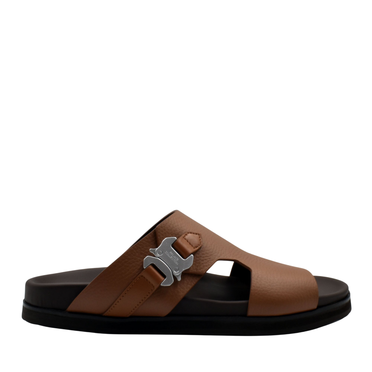 Brown luxury leather sandals with black sole and silver buckle detail from Private Collection