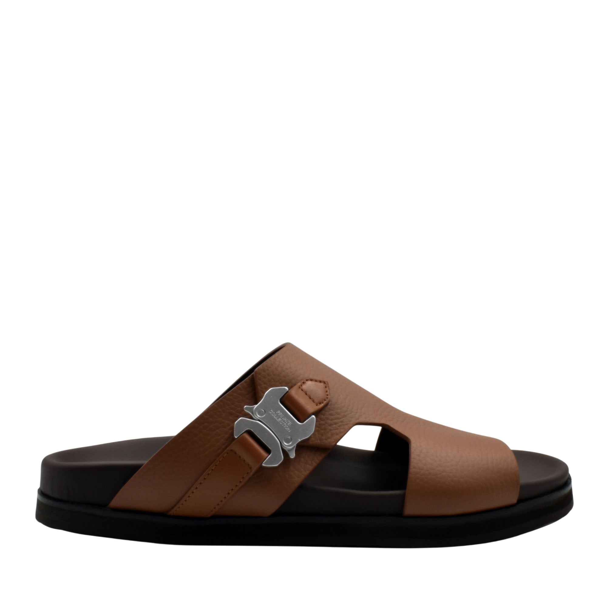 Brown luxury leather sandals with black sole and silver buckle detail from Private Collection