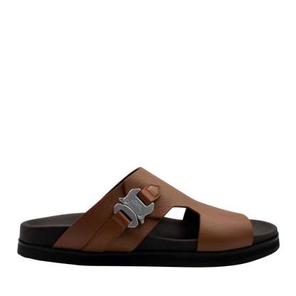 Brown luxury leather sandals with black sole and silver buckle detail from Private Collection