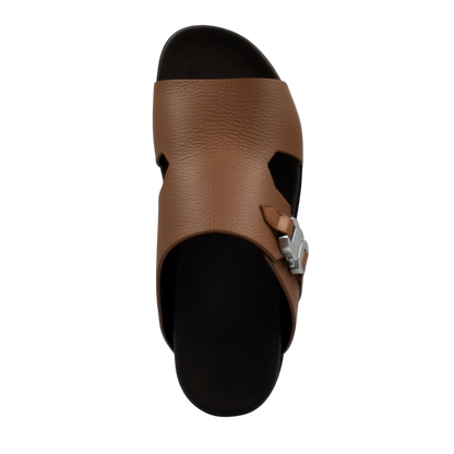 Private Collection brown luxury leather sandals with adjustable buckle and black sole