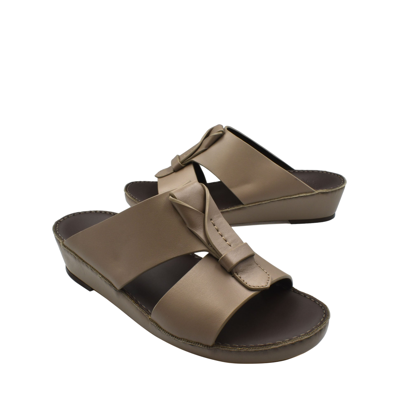 Taupe luxury leather sandals with open toe and decorative knot from Private Collection