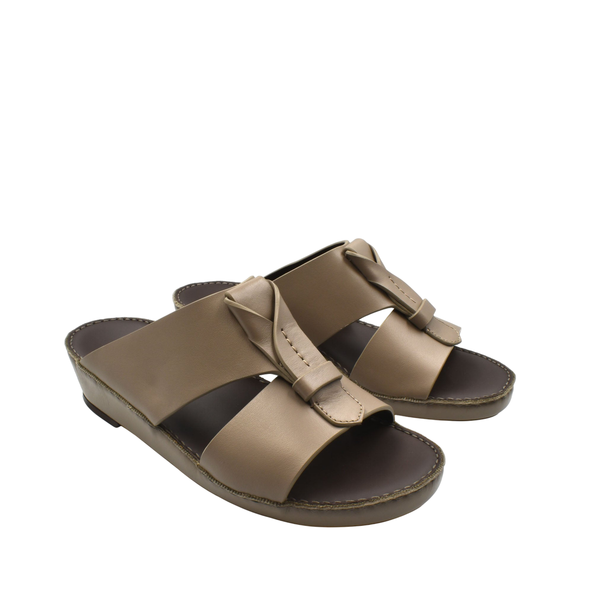 Brown luxury leather sandals with stitched detailing and a comfortable sole from Private Collection