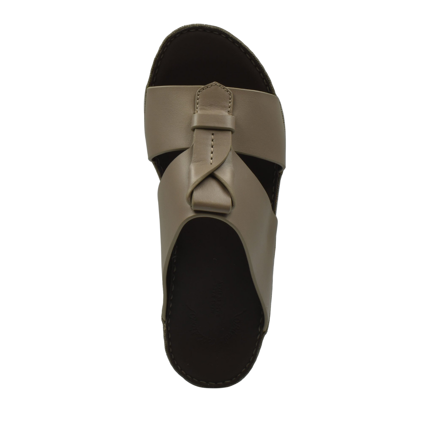 Top view of taupe luxury leather sandals with a loop detail and black footbed
