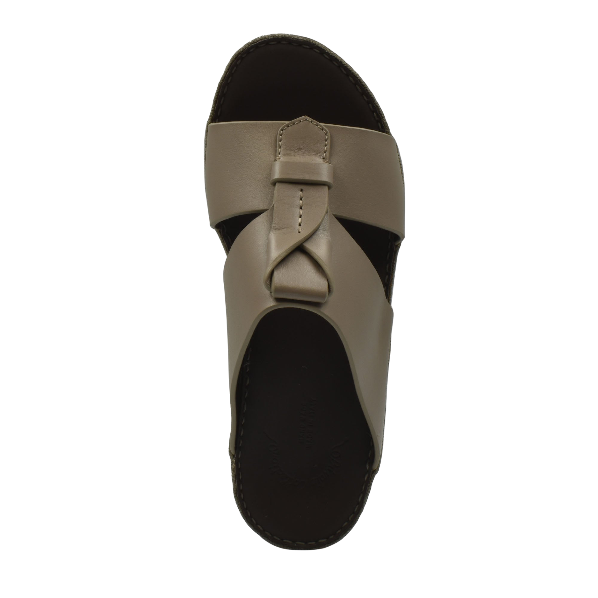 Top view of taupe luxury leather sandals with a loop detail and black footbed