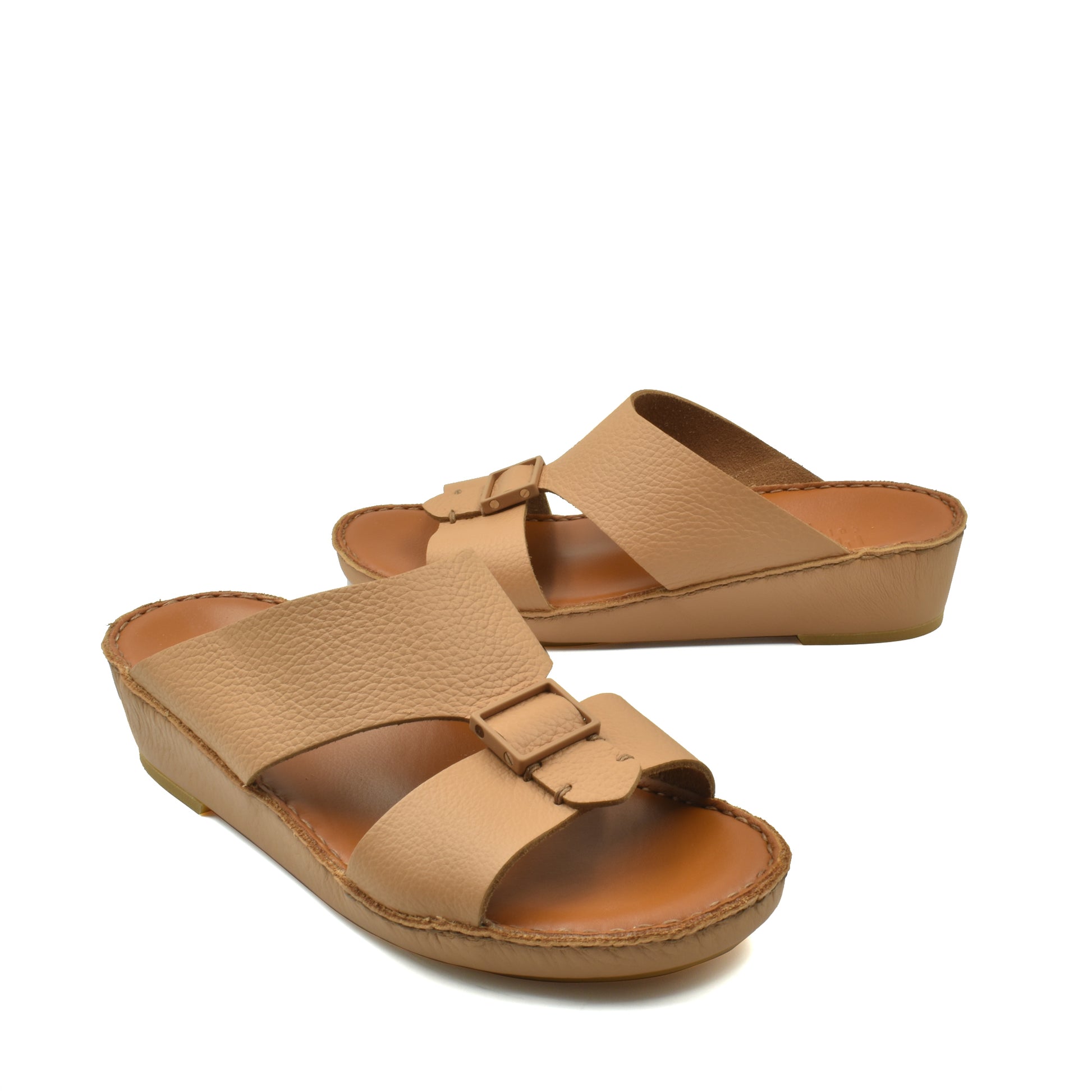 Private Collection beige luxury leather sandals with adjustable buckle straps and low wedge heels