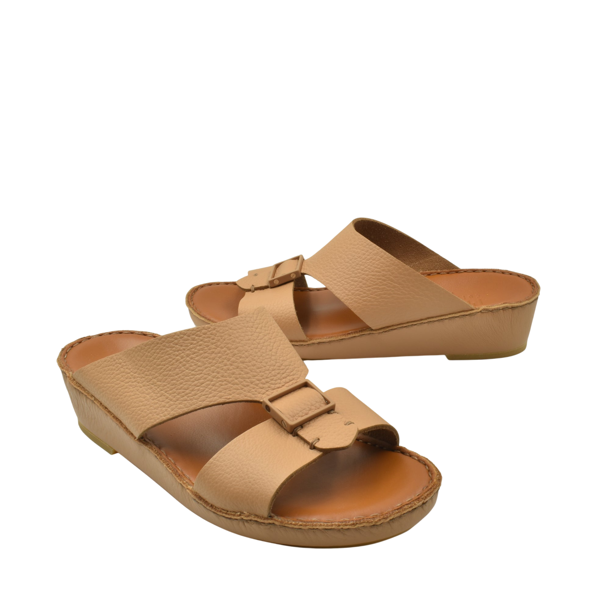 Private Collection beige luxury leather sandals with adjustable buckle straps and low wedge heels