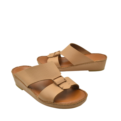 Private Collection beige luxury leather sandals with adjustable buckle straps and low wedge heels