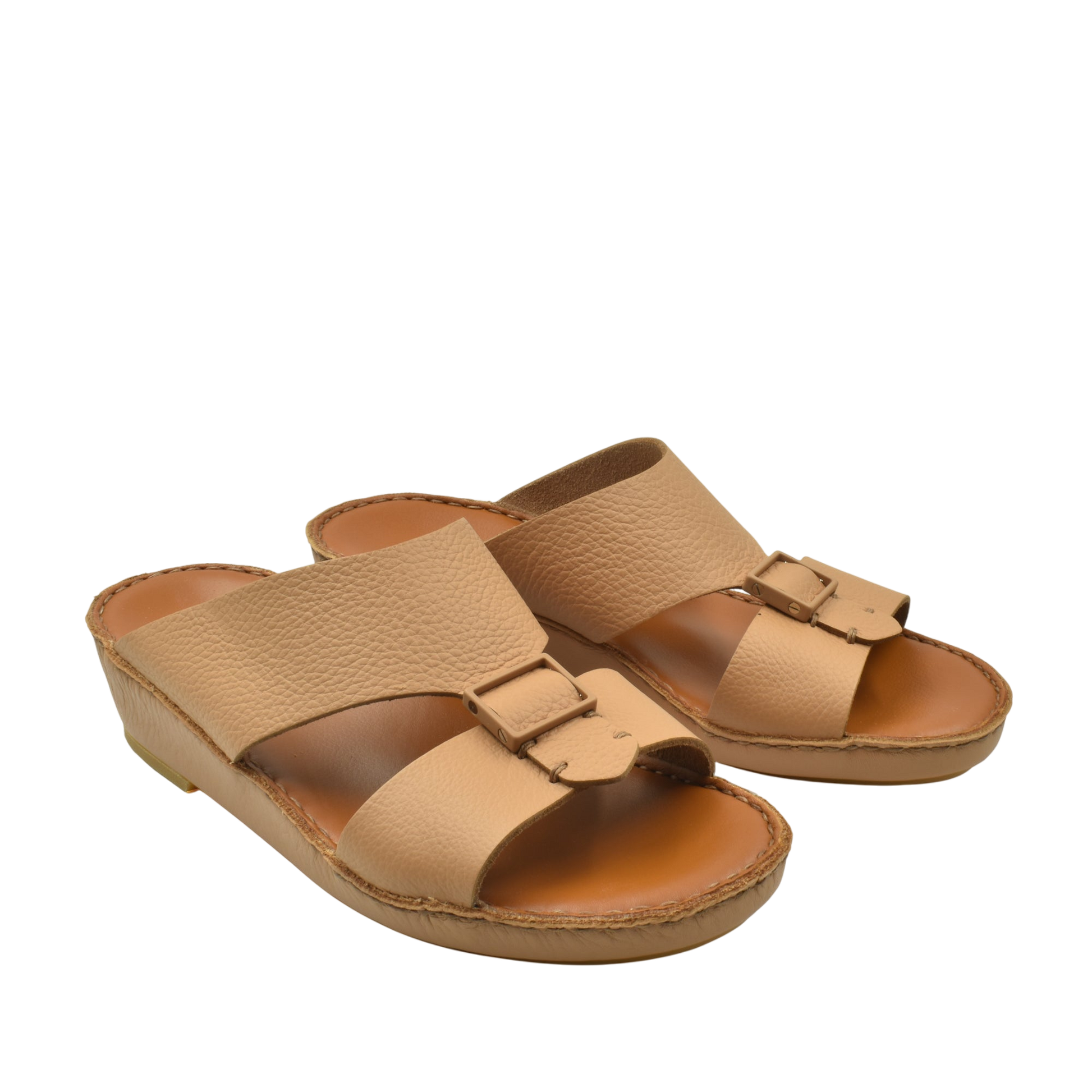 Pair of beige luxury leather sandals with adjustable straps and cushioned sole from Private Collection