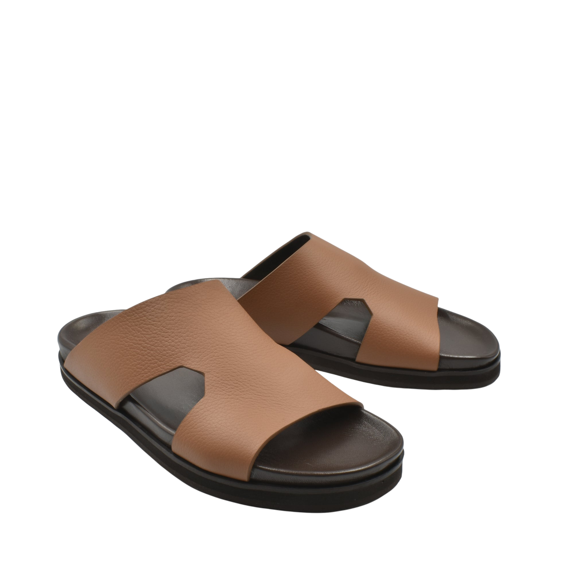 Brown luxury leather sandals with black soles featuring wide straps and open toes