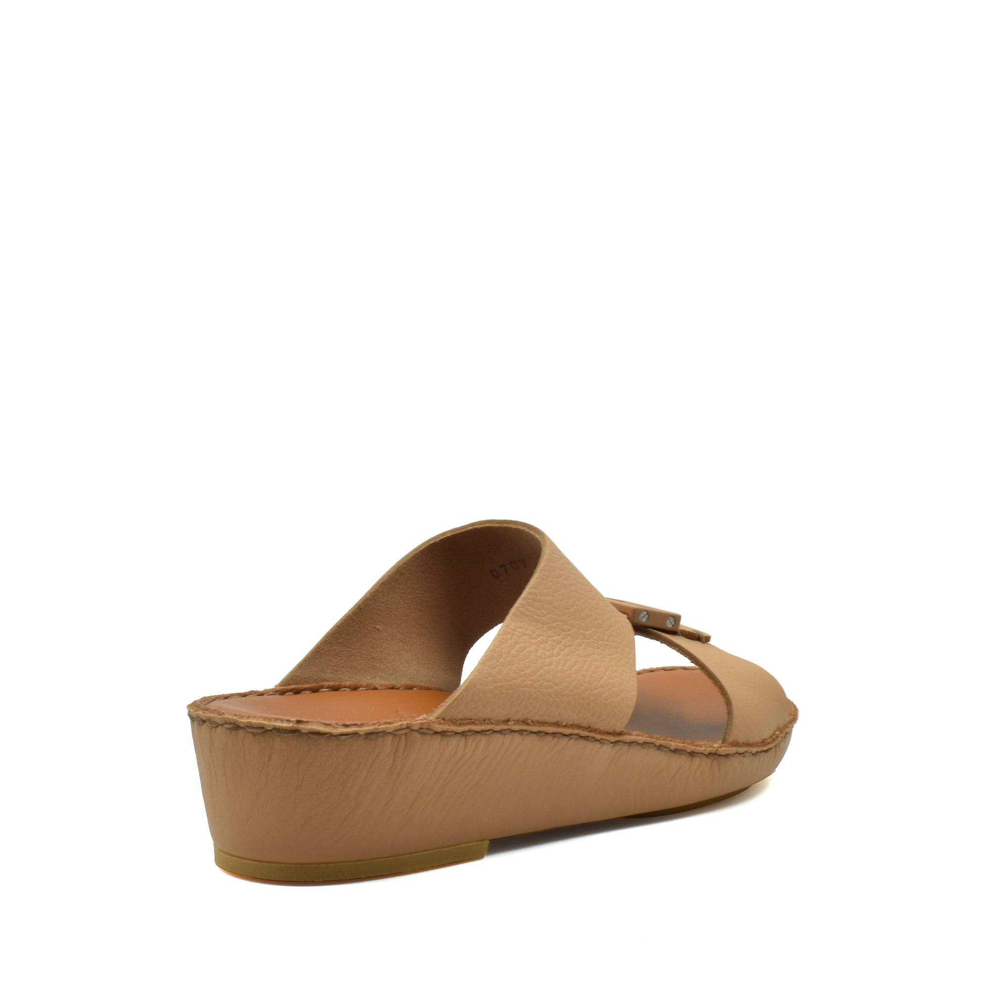 Beige wedge luxury leather sandals with wide strap and buckle detail by Private Collection