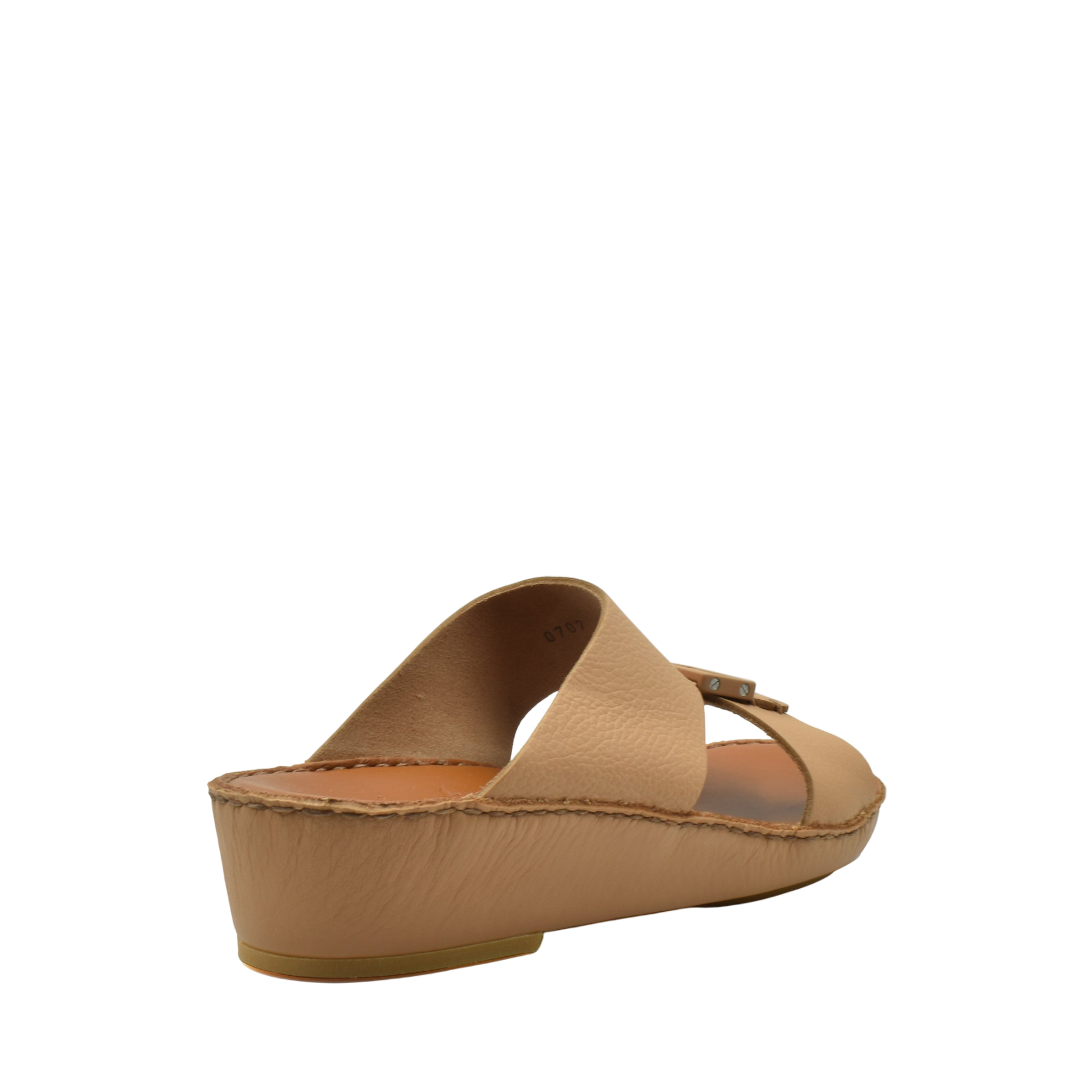 Beige wedge luxury leather sandals with wide strap and buckle detail by Private Collection