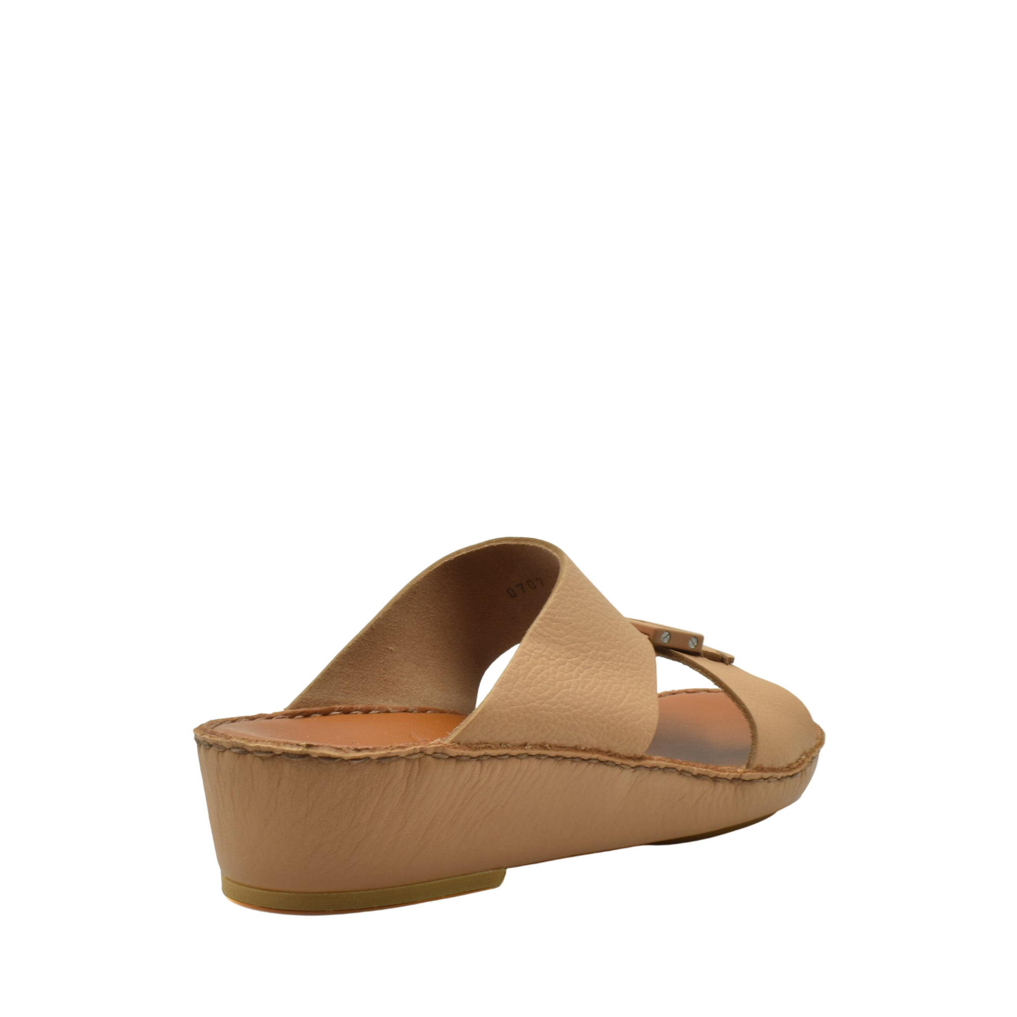 Beige wedge luxury leather sandals with wide strap and buckle detail by Private Collection