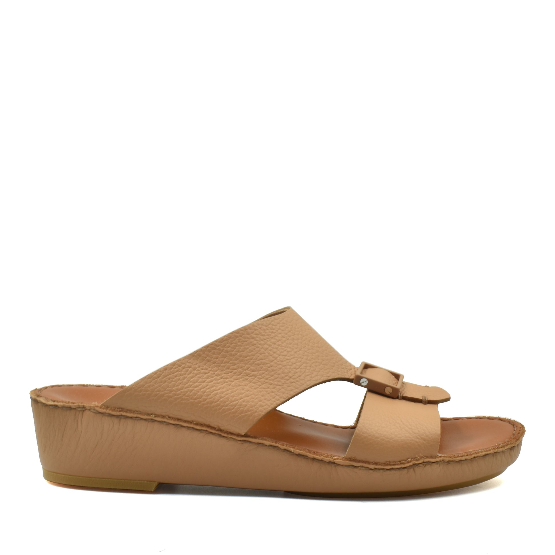 Private Collection luxury leather sandals in tan with wedge heel and buckle detail