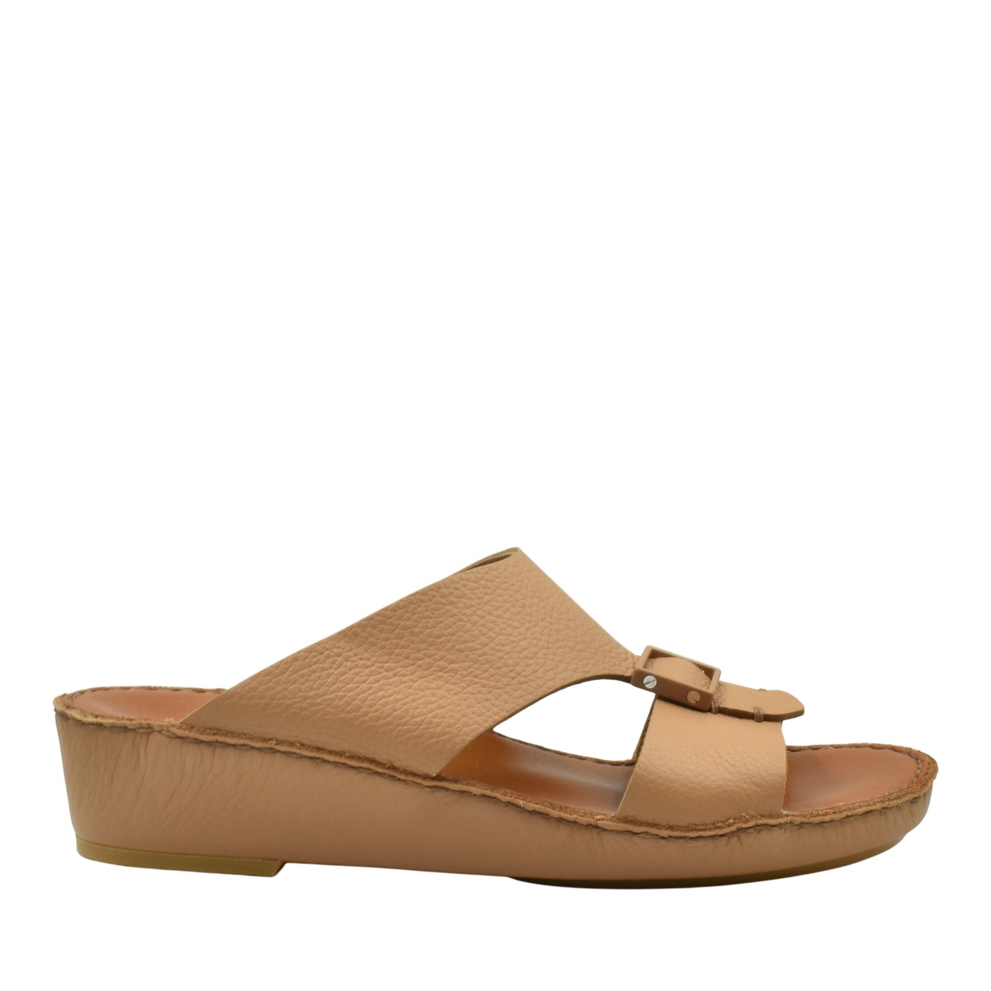 Private Collection luxury leather sandals in tan with wedge heel and buckle detail