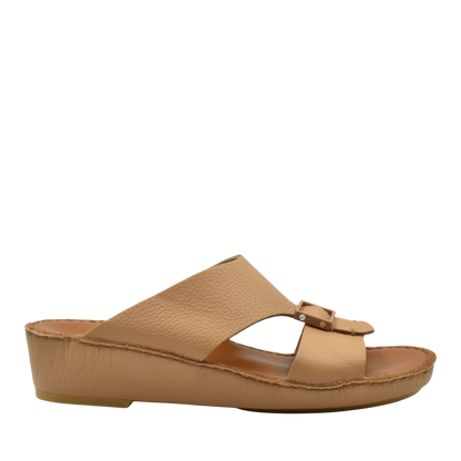 Private Collection luxury leather sandals in tan with wedge heel and buckle detail