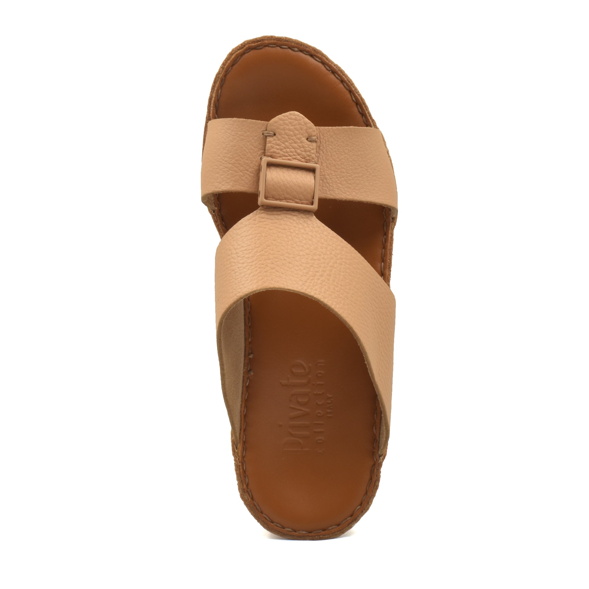 Private Collection luxury leather sandals in tan with crisscross straps and adjustable buckle