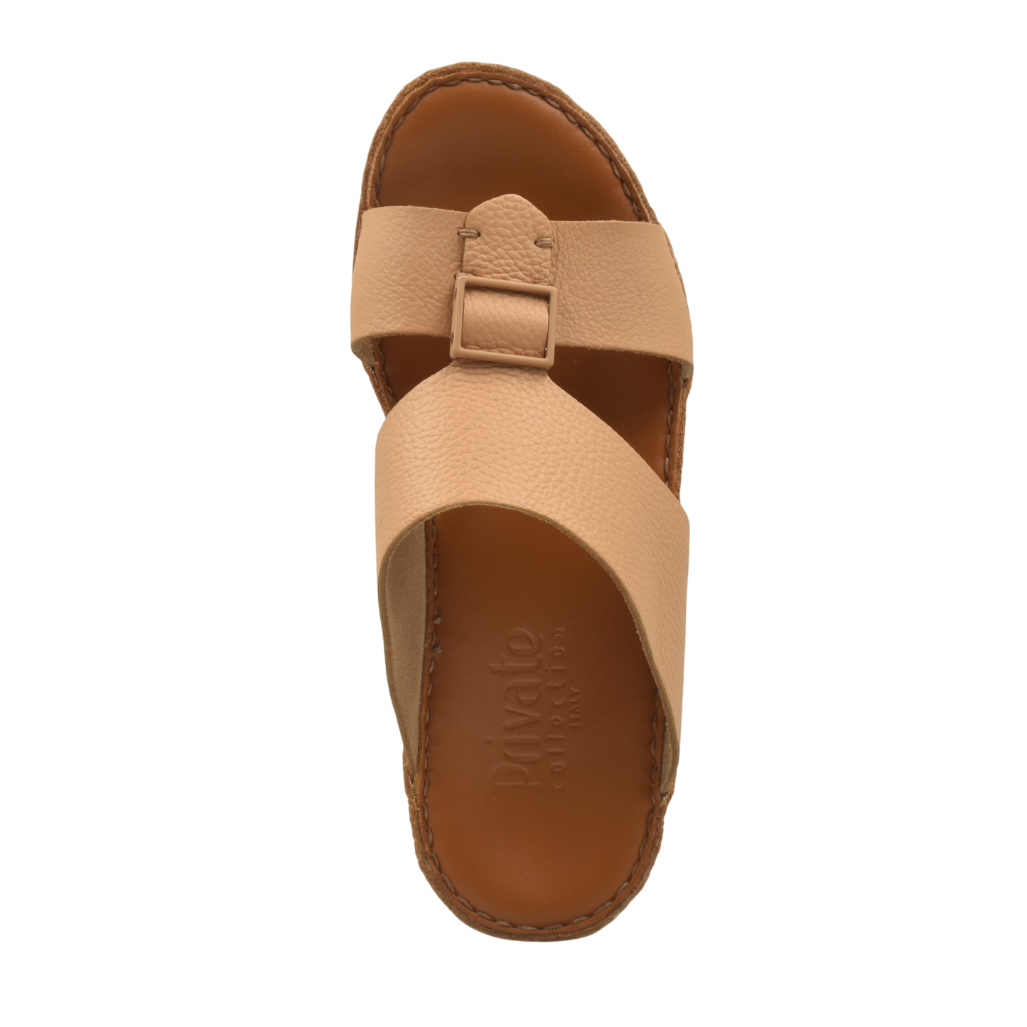 Private Collection luxury leather sandals in tan with crisscross straps and adjustable buckle